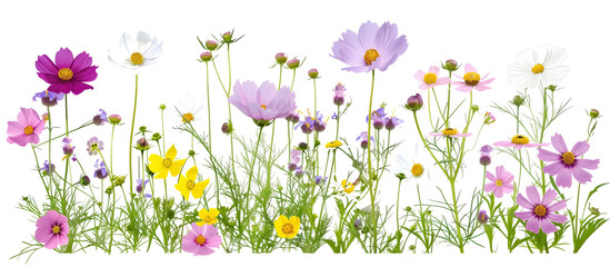 Meadow of wildflowers including cosmos and wild daisies, showcasing nature’s untamed beauty, isolated on transparent background © PixeloAI