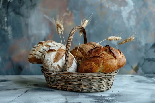 A basket of bread on a table, suitable for food and kitchen related designs