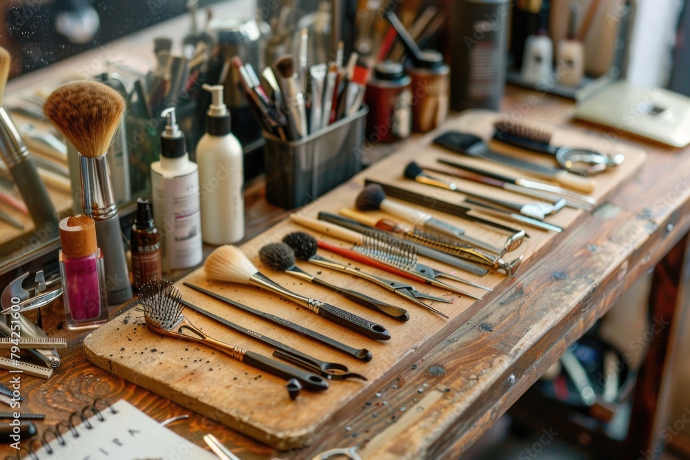Poster a variety of tools neatly arranged on a wooden table. perfect for diy and construction projects