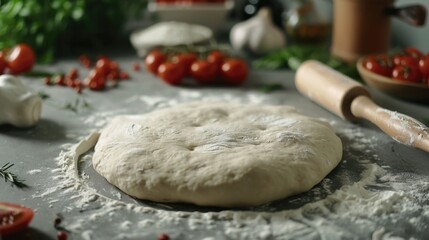 Fresh pizza dough on a flour-covered table, ideal for food bloggers or cooking enthusiasts