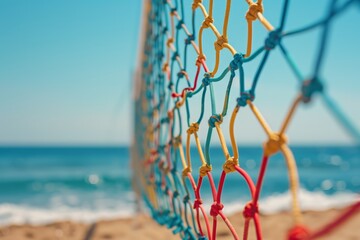 Close-up of colorful volleyball net on beach