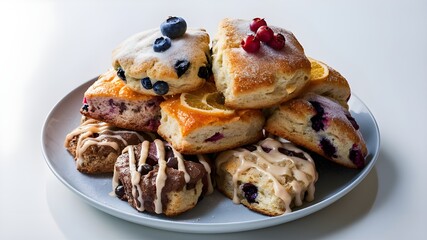 Assortment of scones presented on a pristine white surface, with flavors such as blueberry, cranberry orange, and chocolate chip, against a smooth white background.