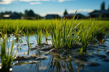 Fototapeta na wymiar A close-up view of young rice growing in water
