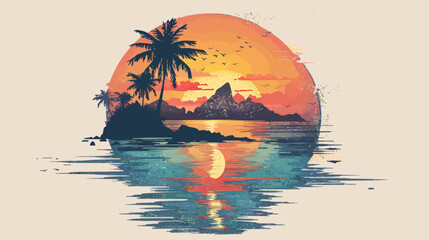 a painting of a sunset with palm trees - obrazy, fototapety, plakaty