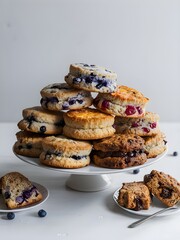 Selection of scones showcased on a clean white tabletop, with options such as blueberry, cranberry orange, and chocolate chip, against a plain white background.