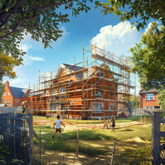 Naklejka premium Children playing football on small area of grass and surrounded by domestic houses and new construction suggesting loss of open spaces by urbanisation