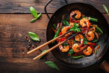 A delicious wok dish of shrimp and vegetables, perfect for food blogs or restaurant menus - Powered by Adobe