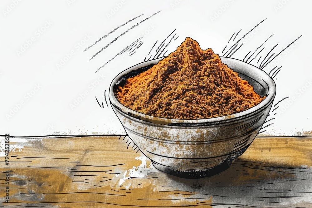 Poster a drawing of a bowl of food on a table, suitable for various food-related concepts