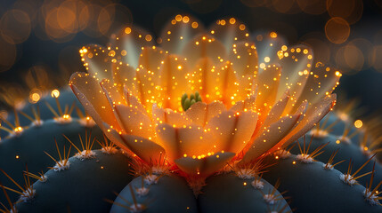 9. Prickly Paradise: A close-up view reveals the intricate beauty of a barrel cactus, its ribbed surface adorned with clusters of golden spines that catch the sunlight and cast shi