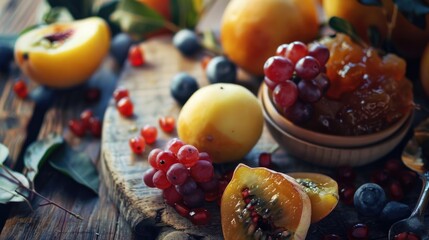 Various fruits displayed on a wooden cutting board. Suitable for food and kitchen concepts
