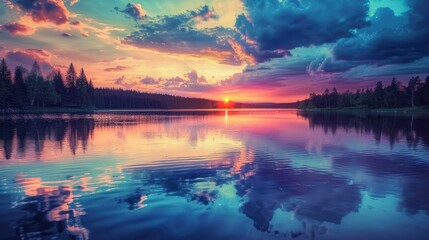 A tranquil lake reflecting the vibrant colors of a sunset sky, where the still waters mirror the...