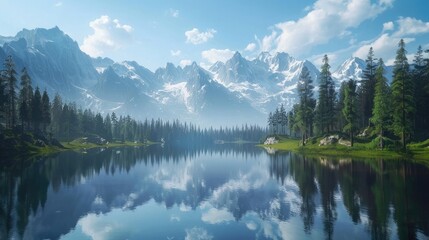 A tranquil lake reflecting the towering mountains that embrace it, a serene mirror of nature's...