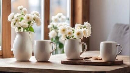 A wooden table with flower vases and white coffee mugs.Warm coffee in the morning.sensitivity first thing in the morning. - obrazy, fototapety, plakaty