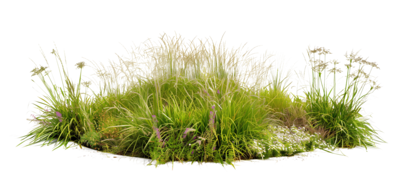 Circular arrangement of various meadow grasses, creating a focal point in a community green space, isolated on transparent background