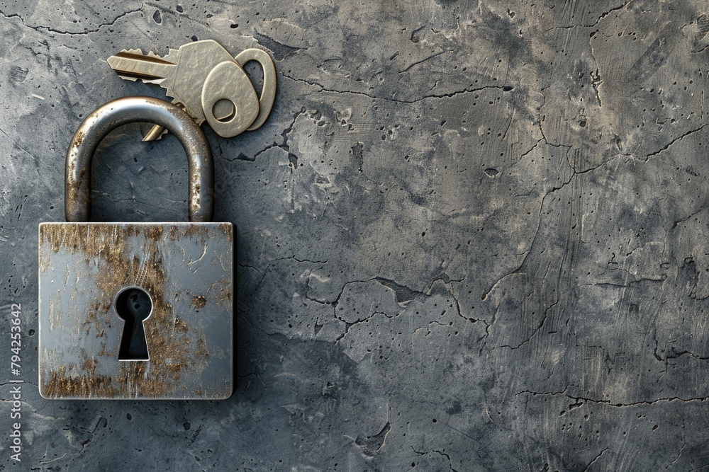 Poster A metal padlock with two keys attached. Can be used for security concepts