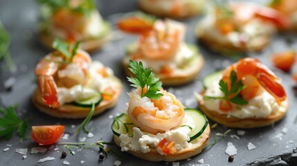 A tray of delicious shrimp and cucumber appetizers. Perfect for catering events