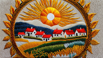 Embroidery Nature Patch | Sunny Day | Village - obrazy, fototapety, plakaty