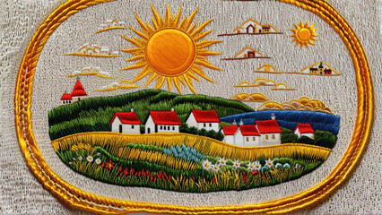 Embroidery Nature Patch | Sunny Day | Village - obrazy, fototapety, plakaty