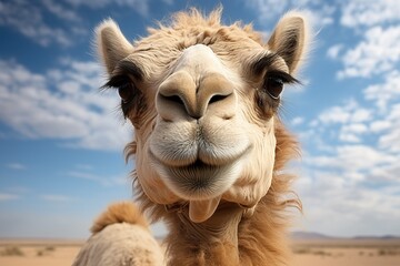 Camel looking at camera, cute and funny camel portrait. - obrazy, fototapety, plakaty