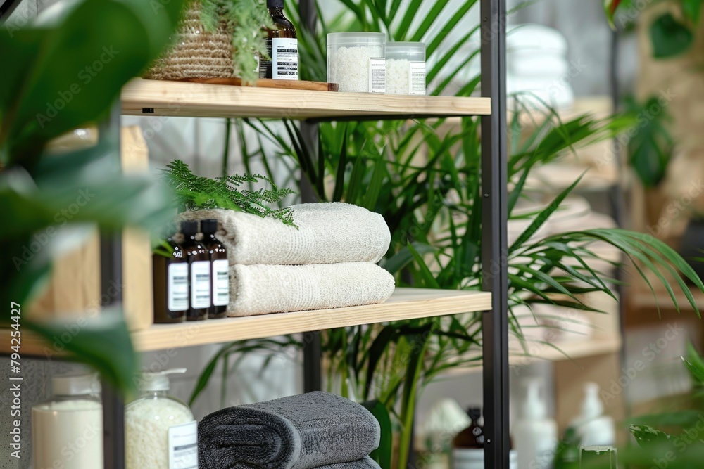 Poster a shelf with neatly arranged towels and candles, perfect for spa or bathroom themes