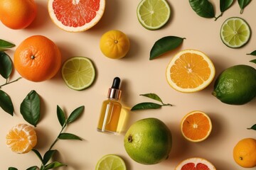 A bottle of essential oil surrounded by citrus fruits and limes. Ideal for aromatherapy and spa...