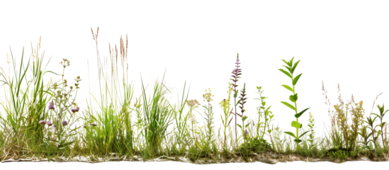 Gradient of grass heights ranging from low-growing thyme to tall feather reed grass, showcasing ecological succession, isolated on transparent background