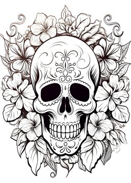 Floral Skull Coloring Page, Sugar skull outline coloring page, Skull with Flowers line art for coloring page, Skull coloring Book, Skull Coloring Pages, AI Generative