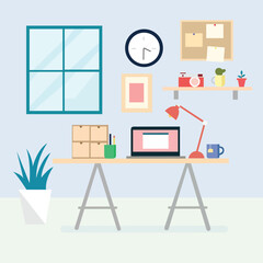Flat minimalistic style Creative, modern  freelancer office workplace or workspace in room Illustration.
