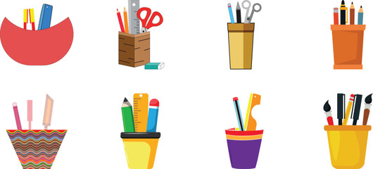 Home and office school stationery Pencil stand or Holder icons set cartoon vector.