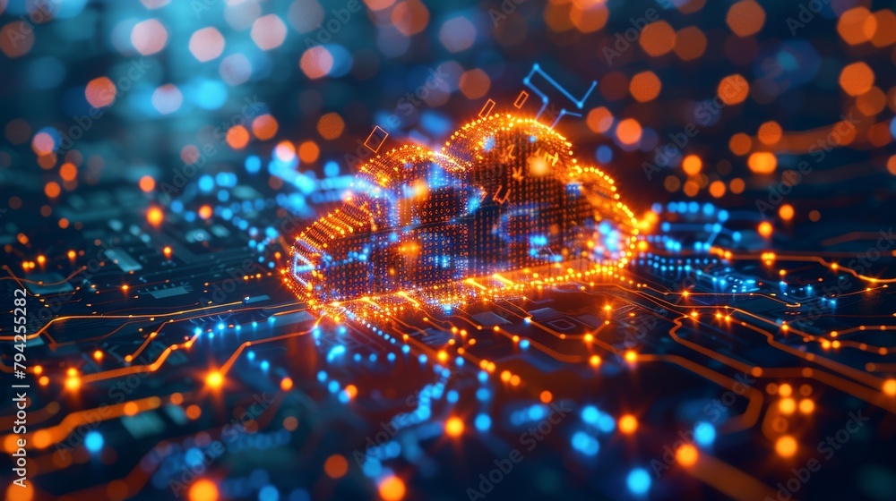 Poster digital cloud computing concept on circuit board