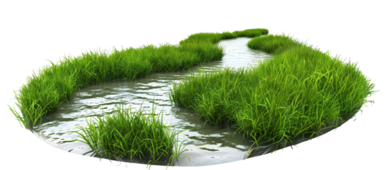 Flowing river of bluegrass mimicking water movement through a serene garden setting, providing a calming visual flow, isolated on transparent background