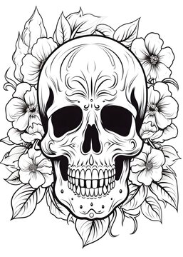 Floral Skull Coloring Page, Sugar skull outline coloring page, Skull with Flowers line art for coloring page, Skull coloring Book, Skull Coloring Pages, AI Generative