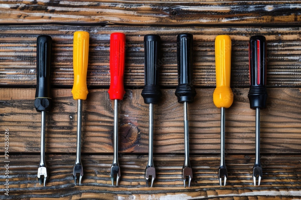 Poster various tools arranged neatly on a wooden table, ideal for diy or construction projects