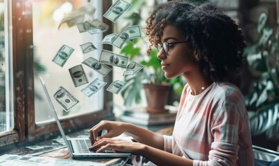 A woman is sitting at her laptop with money flying around - obrazy, fototapety, plakaty
