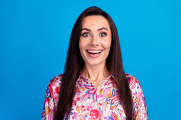 Photo of good mood impressed lady dressed print blouse open mouth isolated blue color background