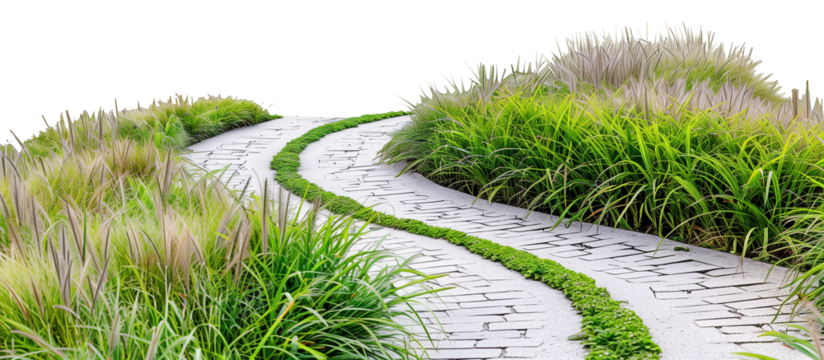 Zigzag pathway lined with alternating species of ornamental grasses, each adding a unique rhythm to the landscape, isolated on transparent background