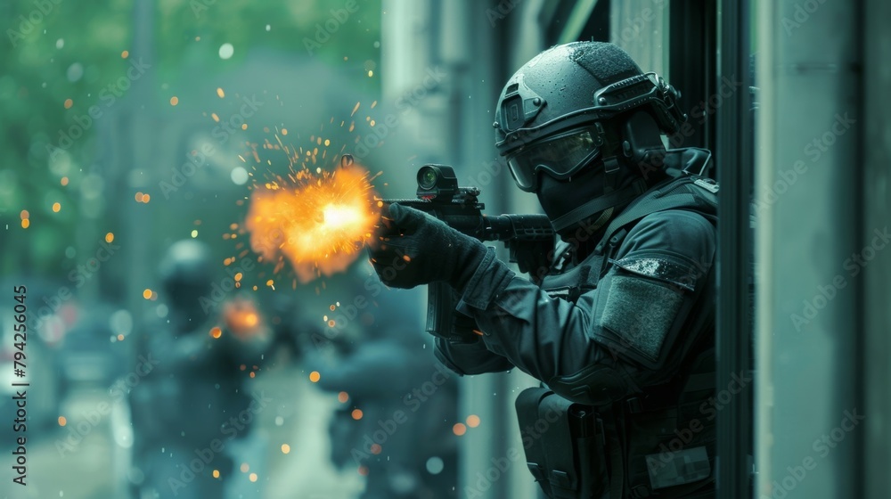 Poster a swat team member preparing to throw a flashbang grenade through a window ensuring there are no inn