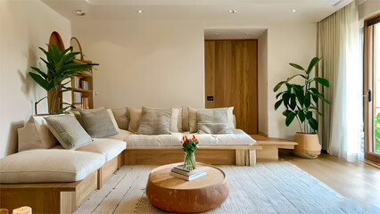 Interior of living room with fresh green house plant, round table and sofas