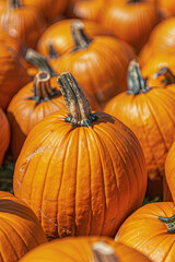 An array of decorative orange pumpkins basking in sunlight at a farmers market, evoking the essence of Halloween and Thanksgiving celebrations