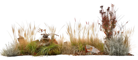 Sculpture garden surrounded by tall ornamental grasses, forming a dynamic contrast between art and nature, isolated on transparent background