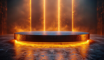  3d rendering of empty stage with golden light, with sparks flying around. Created with Ai