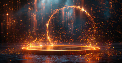 A podium with golden light, a background of dark gray and orange lights with sparks flying around it. Created with Ai