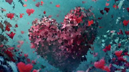 Low poly a heart made of triangles is surrounded by red leaves