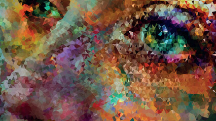 A colorful abstract painting of a person's eye with a blue iris low poly