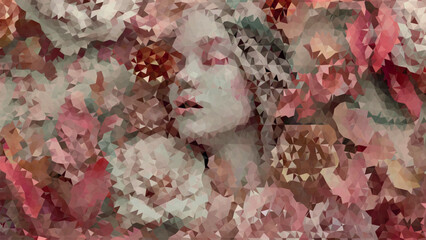 Low poly woman's face is surrounded by flowers