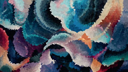 A colorful abstract painting with a blue and orange swirl low poly