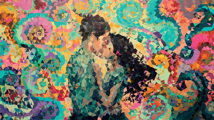 A painting of a couple embracing with a colorful background
