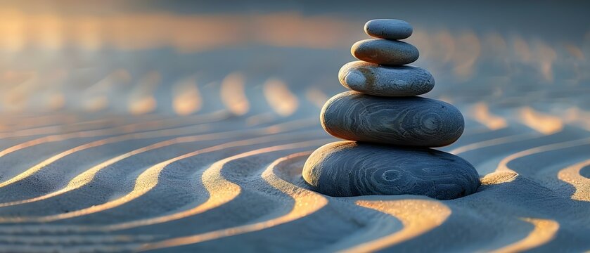 Wave Pattern of Stacked Rocks on Sandy Raked Surface is the Focal Point of the Image. Concept Nature, Photography, Art, Creativity, Balance