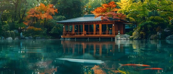 Obraz premium Tranquil Japanese Garden Wallpaper Encourages Peace and Contemplation with Minimalist Design. Concept Japanese Garden, Tranquility, Minimalist Design, Peaceful Wallpaper, Contemplative Art