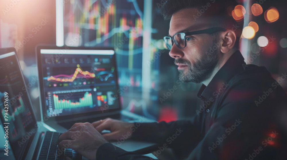 Poster portrait of trader a laptop reviewing graphs and charts and data analytics visualizations on their s
